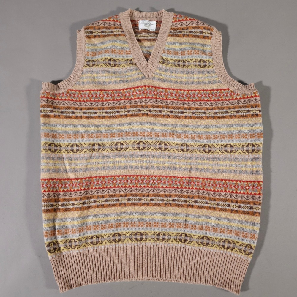 Ben Silver Sweater Vest Mens L Tan Fair Isle Lambswool William Lockie Scotland